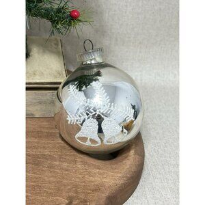 Vintage Austria Stenciled Christmas Ornament Silver Glitter Plastic Top Bells